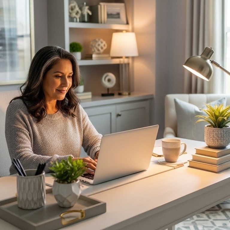 Coach working in her home office