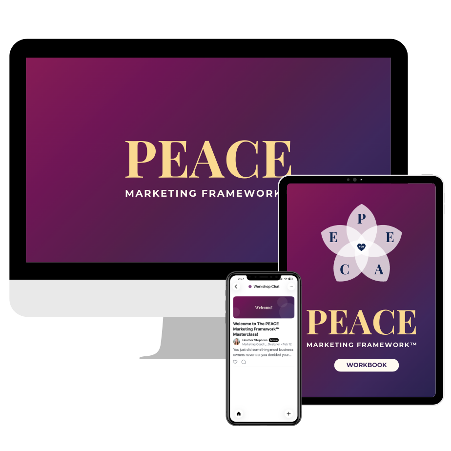 PEACE Marketing Framework Masterclass mockup with computer and workbook